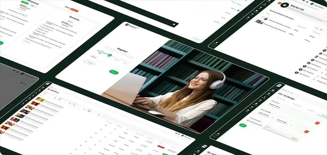 LMS platform screens for students, mentors, and administrators
