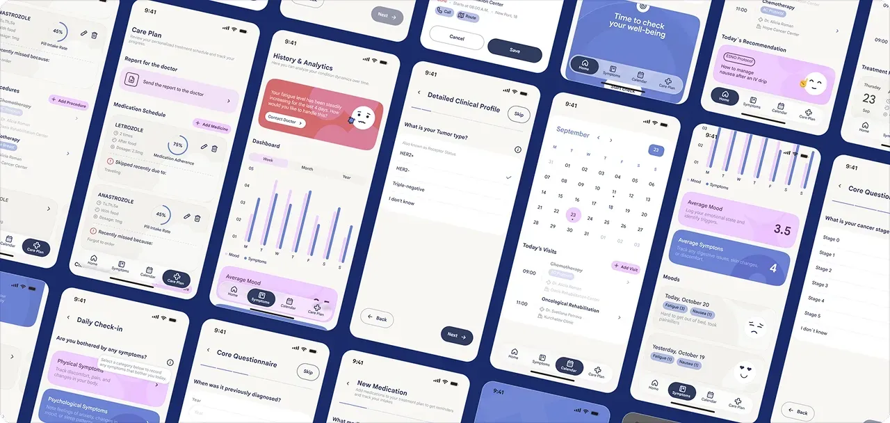 BraveShe app screens for treatment guidance and health monitoring