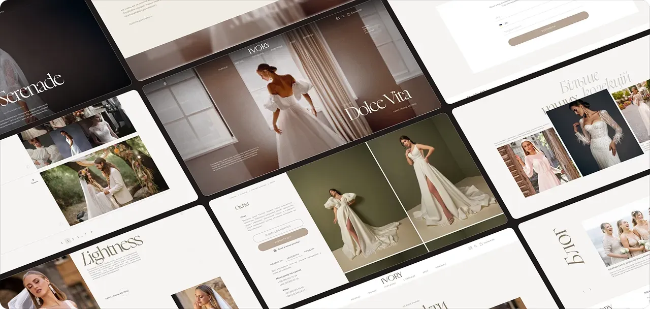 Ivory bridal website pages with collection and portfolio views