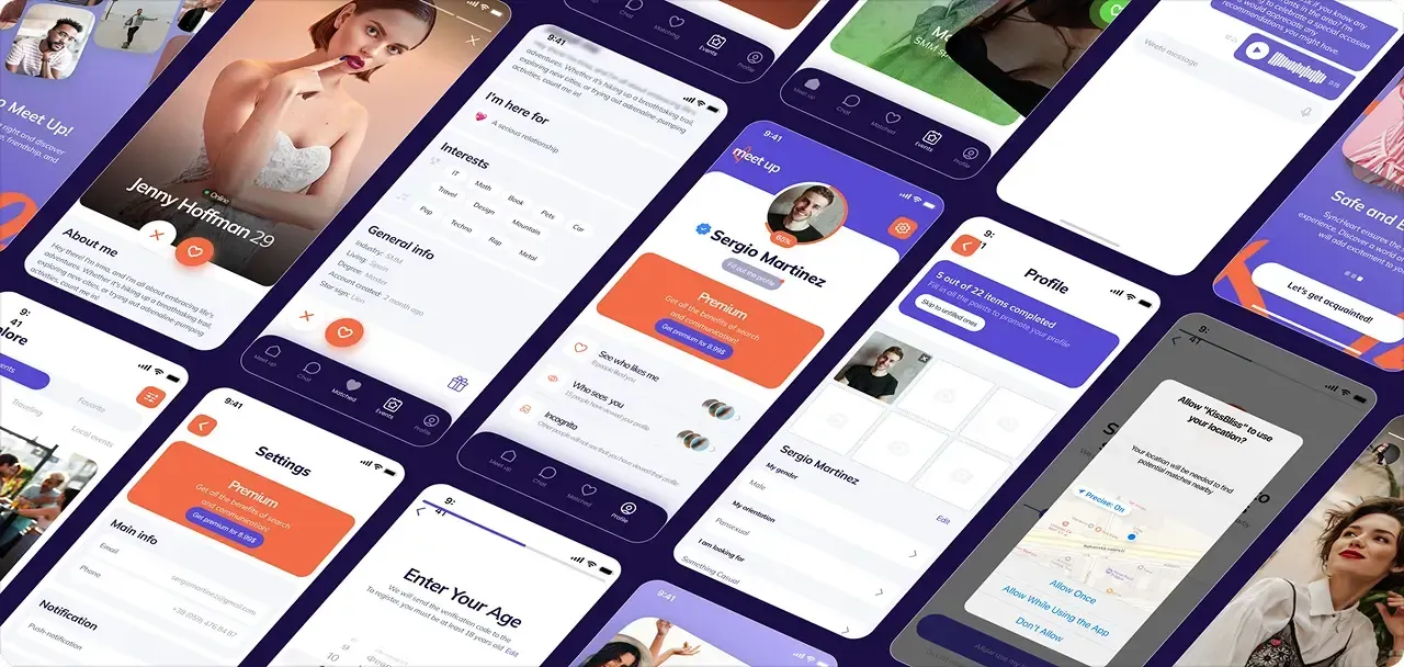 Dating app screens showing the chat timer and meetup verification flow