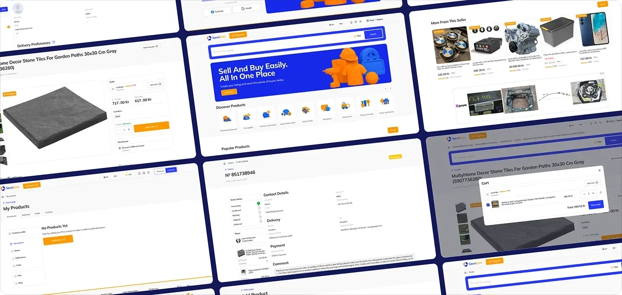 ServiCom marketplace screens for buyer and seller flows